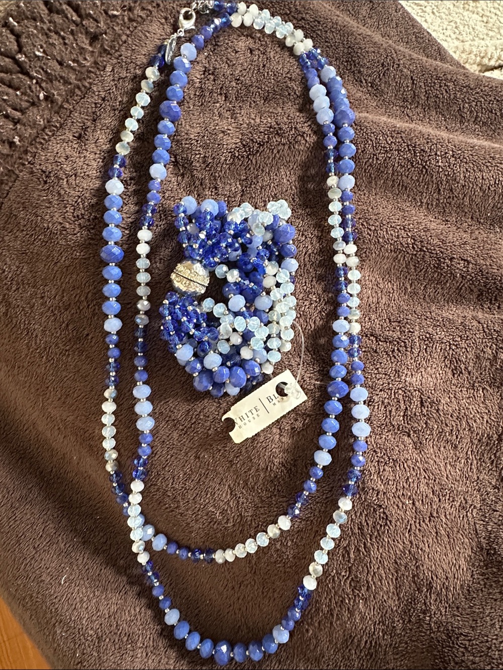 White & Blue Beaded Multi-Strand Necklace and Bracelet Set